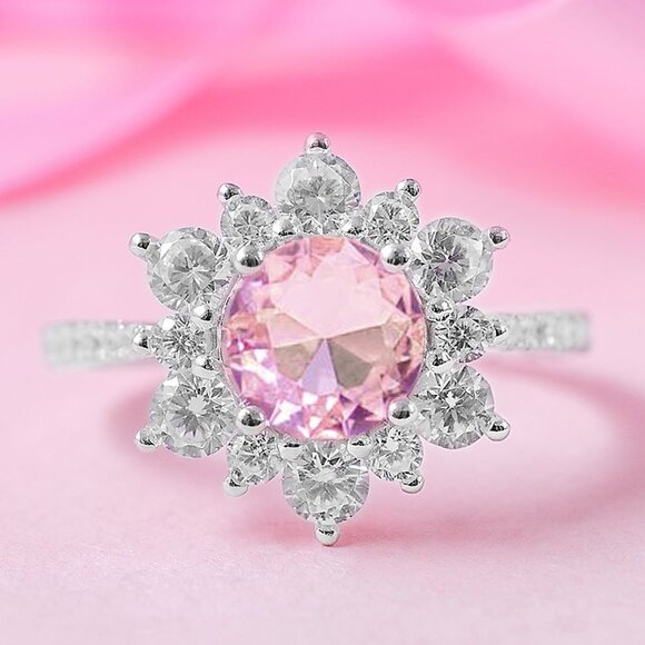 Pink Flower / Snowflake Gemstone Ring, 925 Sterling Silver - Picture 1 of 6